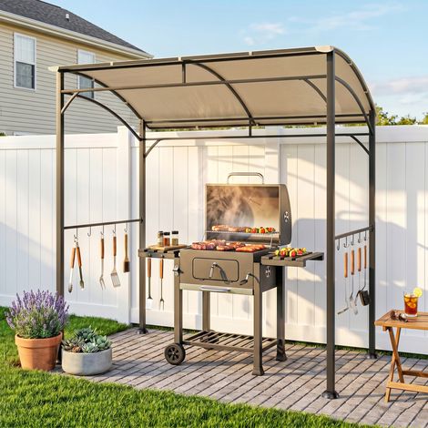 Pavillon de jardin avec toit pare-pluie, abri de barbecue en acier, crochets pour accessoires, ton beige et noir, dimensions 215 x 150 x 182/220 cm
