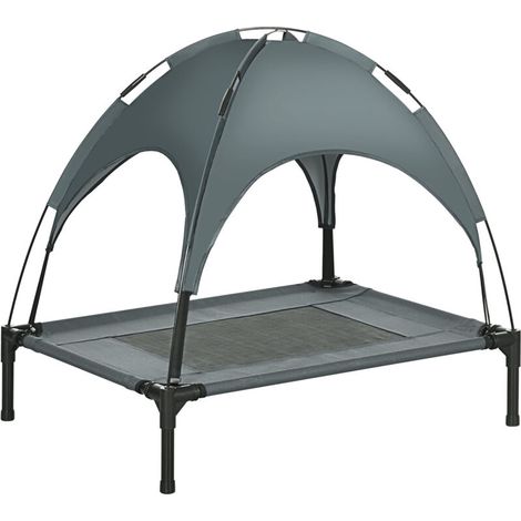 Lit surélevé pour chien PawHut avec auvent, couchage pour animaux, transat d'extérieur avec toit, respirant, en taffetas, idéal pour le camping, gris, 76 x 61 x 73 cm (1/5)