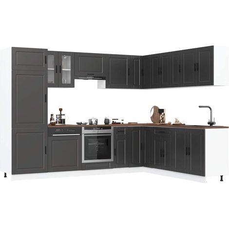 Ensemble de meubles de cuisine 14 pièces noir en bois d’ingénierie et verre - PANGIVO (1/5)