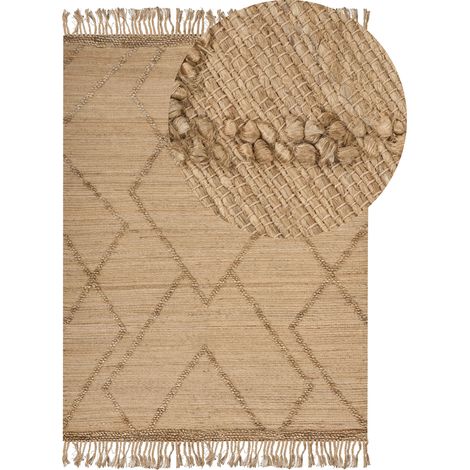 Alfombra de yute natural trenzado estilo boho patrón geométrico con borlas beige 200 x 300 cm Handere (1/5)