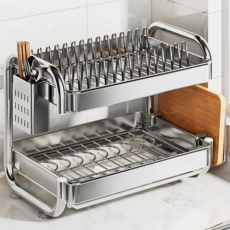 Égouttoir à vaisselle de cuisine, 2 niveaux, égouttoir, égouttoir à vaisselle, y compris support pour planche à découper et support pour baguettes (1/5)