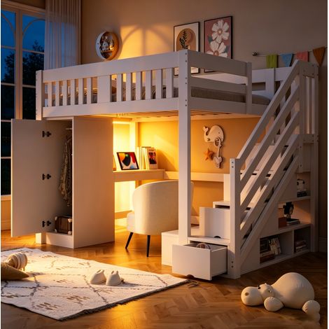 MEUBLIV Hochbett 140x200 cm Weiß – mit Stauraum, Schreibtisch, LED, ohne Matratze (1/5)