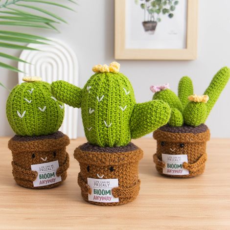 3 cactus artificiels en pot, plantes fleuries vertes tissées à la main, ornements artificiels en fil tricoté, décorations pour la maison et le bureau. (1/5)