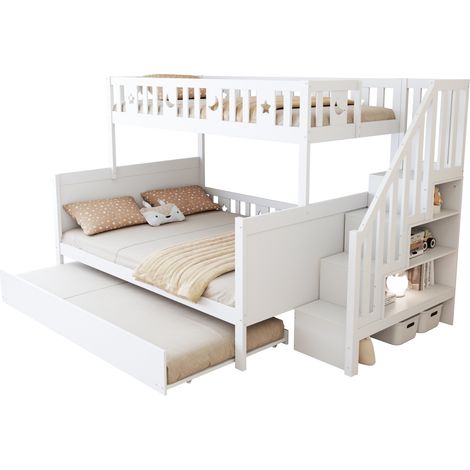 Lit superposé enfant 90x200/140x200 cm avec lit gigogne, échelle de rangement réversible, sommier à lattes, blanc, gain de place - CHICFURN (1/5)