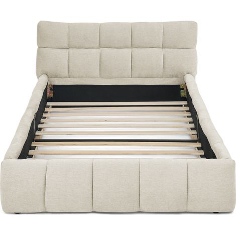 Letto singolo 90 x 200 cm in ciniglia beige, struttura in eucalipto e ferro, senza materasso (1/5)
