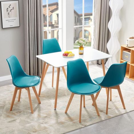 Esstisch-Set mit 4 Stühlen, skandinavisches Design, weißer Tisch, türkise Stühle (1/5)