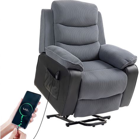 HOMCOM sillón relax reclinable eléctrico levanta personas, con puerto USB, control remoto, reposapiés, tapizado en pana, bolsillos laterales, gris