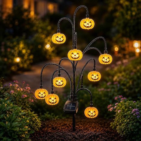 Lampe solaire Halloween souche d'arbre fantôme, guirlande scintillante lanterne vintage citrouille décorative rustique porche automne extérieur (1/5)