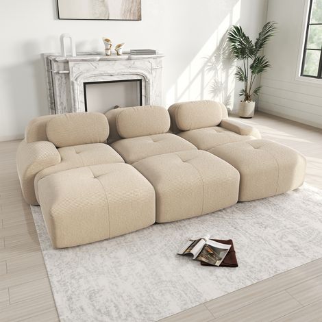 3-Sitzer Modulsofa 298x178x75 cm aus Cord – Schlafsofa mit Chaiselongue und 3 Hockern – hochelastischer 32D-Stoff – ergonomischer Komfort – Beige