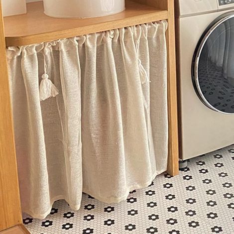 CCYKXARideaux courts nordiques en coton et lin pour porte de lavabo, respirants, avec pompons, installation facile avec tringle incluse, parfaits pour (1/5)