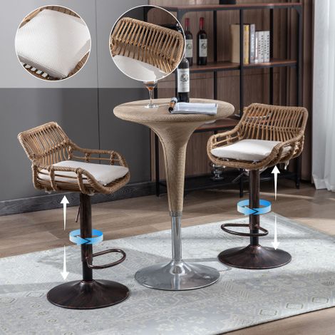 Tabourets de bar en rotin pivotants à 360 degrés et réglables en hauteur, lot de deux tabourets de bar modernes, adaptés aux cuisines, salles à manger et bars.