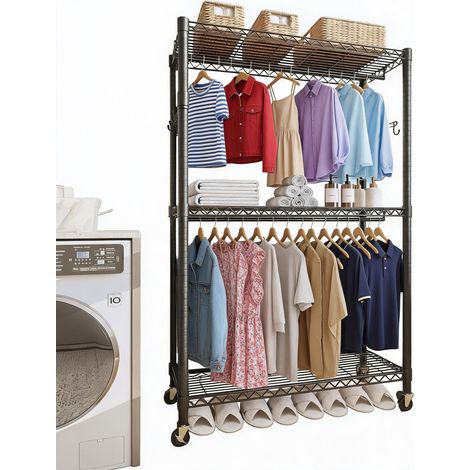 Portant à vêtements robuste 3 niveaux sur roulettes – Étagères réglables, 2 tringles, structure en métal – Rangement vertical pour chambre, dressing, buanderie – Coloris noir, 3 étages, 2 barres à sus (1/5)