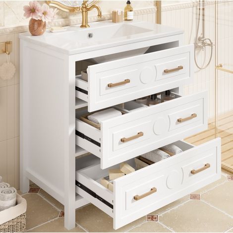 Meuble vasque 76,5x47x82 cm en MDF et céramique blanc, avec rangement pour salle de bain FloraGrace (1/5)