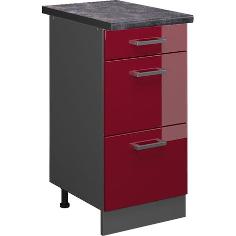 Mobiletto base per cucina R-Line, Rosso bordeaux lucido, 40 cm con cassetti, PL Antracite, Vicco