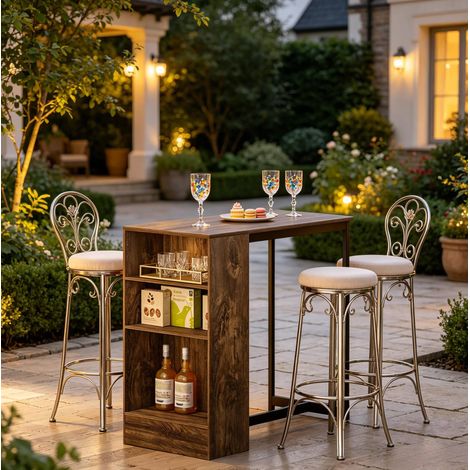 Table haute de bar 91x49x91 cm brun rustique, rangement 3 niveaux, panneaux bois et métal MEUBLIV (1/5)