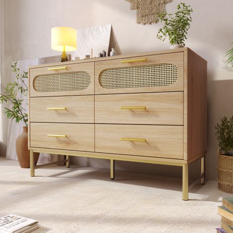 Buffet en rotin avec 3 tiroirs et 2 portes en rotin, commode, coiffeuse, pour chambre et salon, étagères réglables, dispositif anti-basculement, chêne Sonoma