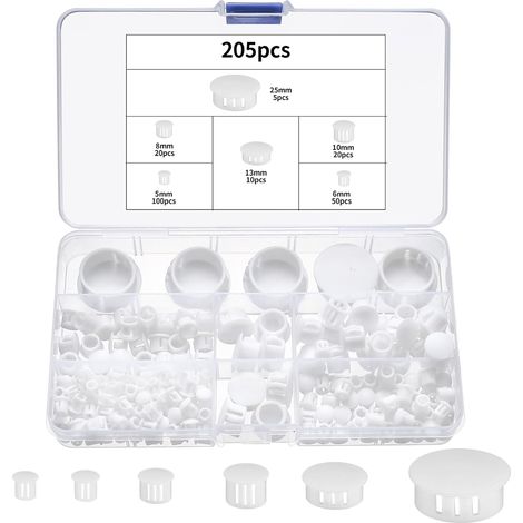 Pack of 205 White Plastic Hole Caps for Furniture and Wall, 5/6/8/10/13 mm (1/5)