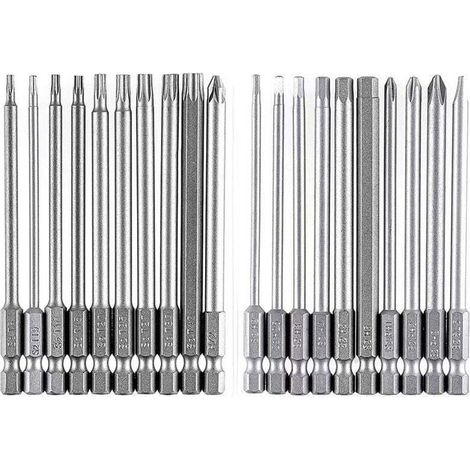 20-teiliges langes magnetisches Bit-Set, 100 mm, Torx T8–T40, Innensechskant H2–H6, PH1/PH2, PZ2, Schlitzbit, 1/4"-Innensechskant – Crezuo