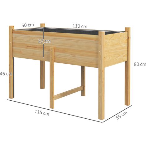 Jardinière surélevée en épicéa, 115x55x80 cm, avec deux trous de drainage et un sac en tissu non tissé. (1/5)