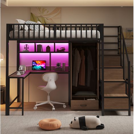 Letto a soppalco 140x200 cm nero in metallo con scrivania, armadio e LED (1/5)