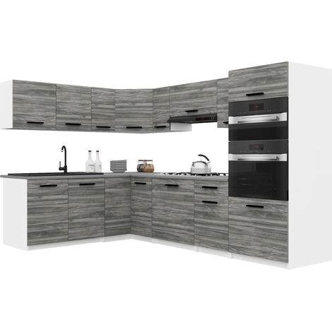 Belini ITALIA 8 Cuisine Equipée Modulaire Complète - 420 cm. Meubles Hauts Bas avec Plan de Travail, Gris Glamour