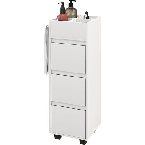 Meuble de rangement pour salle de bain avec 4 compartiments, 3 tiroirs et porte-serviettes, dim. 35 x 30 x 90 cm, blanc (1/5)