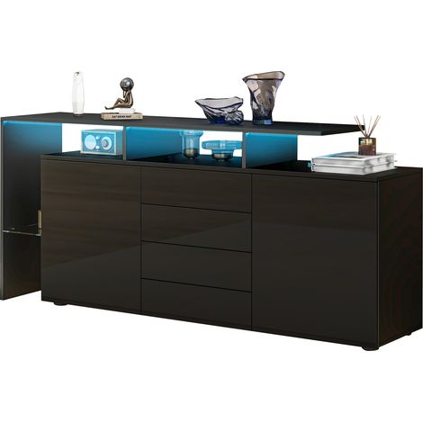 Buffet 160x35x70 cm , Credenza multifunzionale con illuminazione LED, mobile soggiorno con 2 ante, ripiani, nero lucido (1/5)