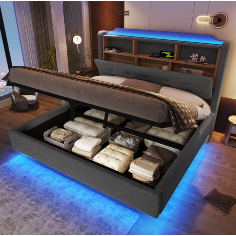 Bett 140x200 cm modern gepolstert in Grau mit Kopfteil, LED, hydraulischem Stauraum, USB und Typ-C (1/5)
