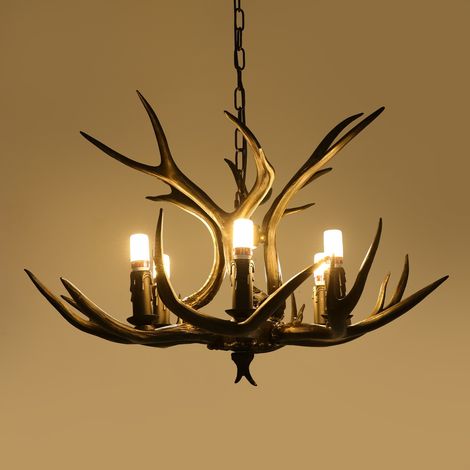 Vintage Lumière Pendante Résine Antlers Lustres Chaîne Réglable Hauteur Table Chandelier Corne De Cerf Lampe À Suspension Chambre Coucher Salon Salle D'étude Bureau Restaurant Pendentif,6 heads (1/5)