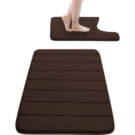 Lot de 2 tapis de bain en mousse à mémoire de forme : tapis de bain 61 x 41 cm et tapis de toilette en forme de U 61 x 51 cm, antidérapant et absorbant, noir 61 x 41 cm + marron 61 x 51 cm (1/5)