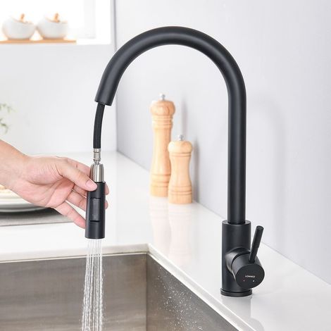 Robinet de Cuisine - Noir mat - Douchette Extractible - Rotatif à 360 ° - Acier Inoxydable - Mitigeur d'Évier - 2 Fonctions Mélangeur (1/5)