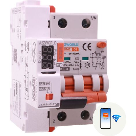 RCBO Interruttore Magnetotermico Differenziale WIFI Con Riarmo Automatico, Tipo A - SI Curva C 2P Veri 3M 6000A 300mA, AC 230V IP20 PL8M2, Disponibili 6A 10A 16A 20A 25A 32A 40A (C6A) (1/3)