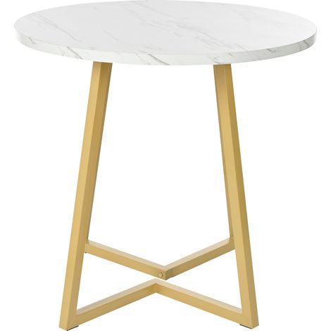 Mesa de comedor redonda de MDF con efecto mármol blanco y base metálica dorada, 80 x 75 cm, HOMVRA (1/5)