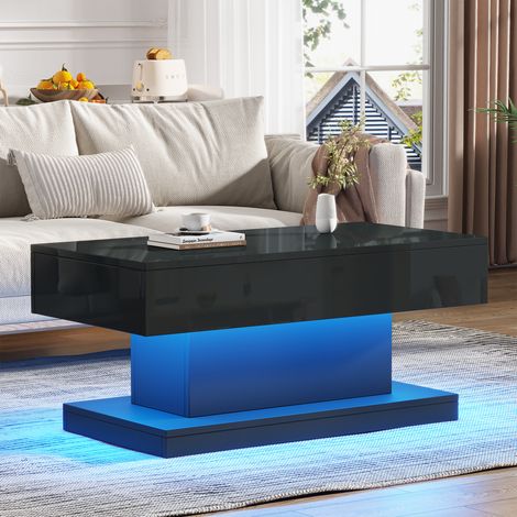 Schwarzer Hochglanz Couchtisch 100x50x45 cm, Wohnzimmertisch mit 2 Schubladen, Beistelltisch mit LED-Lichtleiste, Schlichtes Design