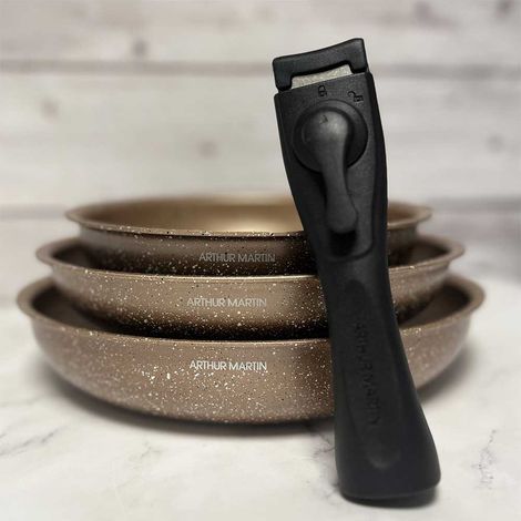 Set di 3 padelle - Adatte a tutti i piani cottura, incluso induzione - ARTHUR MARTIN - AM9811 - Ø 20, 24 e 28 cm + 1 manico removibile - Terracotta (1/5)