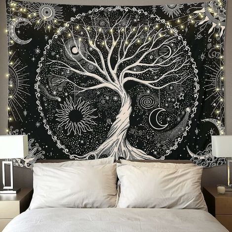 JOORRTTapisserie Arbre de Vie Lune et Soleil Noir Tapisserie Tenture Murale Tapisserie Psychédélique Étoile Mandala Tapisserie Hippie Mur Art Décor Chambre Décor (1/5)