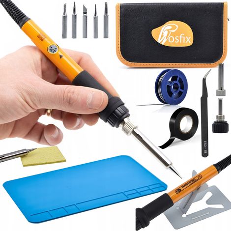 Rosfix Soldador de precisión Rosfix con potenciómetro Rosfix Naranja Pitbull OP60W + Estera 20x30 + Esponja + Estaño 0,8x10 + Pinzas dobladas + Cinta aislante negra + Estuche