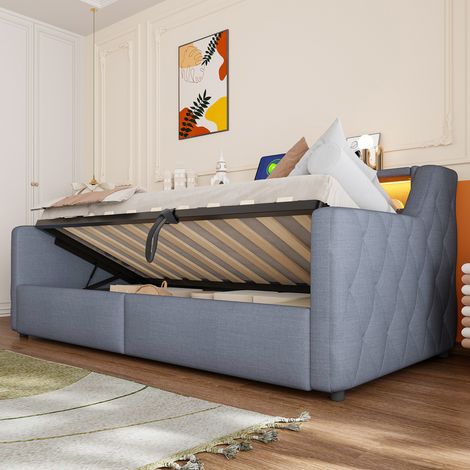 Letto a scomparsa 90/200 cm grigio con illuminazione LED, contenitore idraulico e prese USB (1/5)