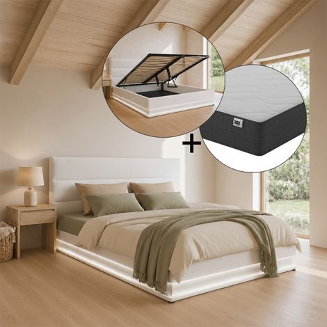 Cama Canapé de matrimonio con colchón Cama doble con Cabecero y Canapé LED Somier lamas Blanco Madera y polipiel Modelo Nitas 180x200 (1/5)
