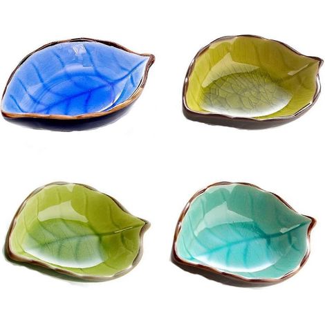 4 mini-saucisses, petites assiettes, saucières en céramique, saucières artisanales en forme de feuille, idéales pour la cuisine et la salle à manger (jaune clair, bleu foncé, seigle).