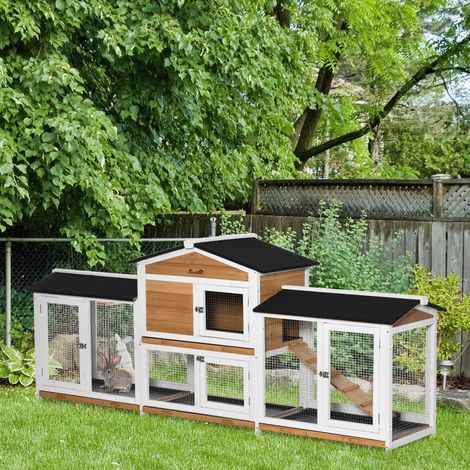 Clapier pour petits animaux avec enclos extérieur comprenant une rampe, toit en asphalte, bois de sapin, noir, blanc et naturel (1/5)