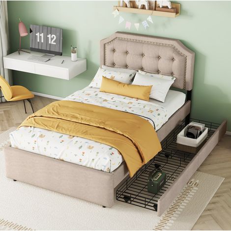 lit avec tiroirs 90x200 cm capitonné beige OKMYHOME (1/5)