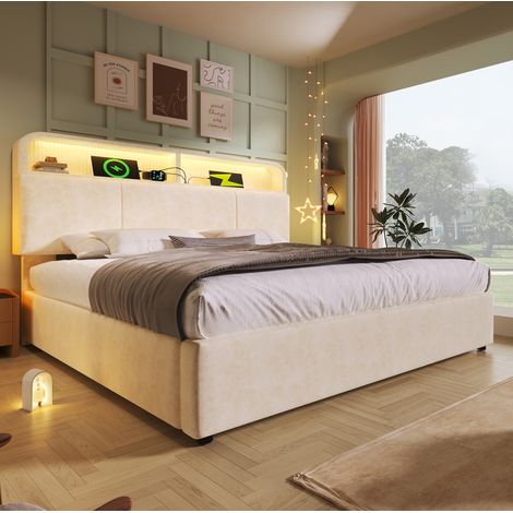 Cama doble tapizada (211x185x100 y 110 cm), con cabecero regulable y almacenaje, LED, terciopelo beige (1/5)