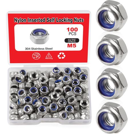 Lot de 100 écrous de verrouillage M5 x 0,8 mm en nylon - Écrou autobloquant en acier inoxydable 304 - Écrou de verrouillage hexagonal avec boîte de rangement pour rondelles de verrouillage (1/5)