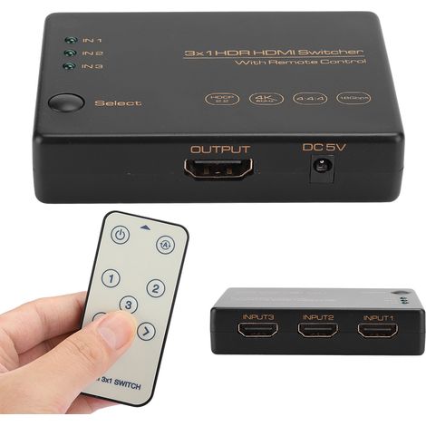 Commutateur HDMI 3 Entrées 1 Sortie - 4K 60 Hz HDR - Télécommande Incluse - ABS - 150 g