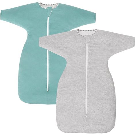 Deux gigoteuses, adaptées aux bébés de 6 à 9 mois, indice de chaleur de 1,5 tog, en fibre de bambou, manches longues, fermeture éclair à double sens.