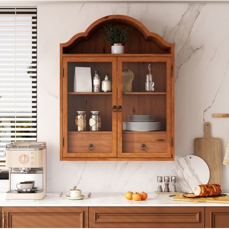 Mueble de pared 60x22x76,5 cm con estantes ajustables y cajones, madera y vidrio templado - marrón (1/5)
