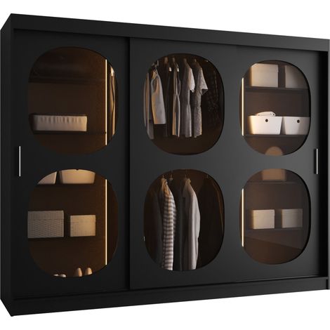 Armario Hartford 533, Negro, 200x250x62cm, Puertas de armario: Correderas, Número de estantes: 9, LED
