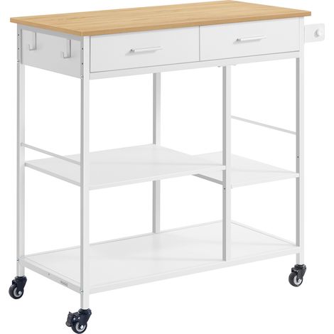 Vasagle – Desserte de cuisine mobile 45 x 98,7 x 90 cm – 2 tiroirs, 2 crochets, porte-serviettes – Acier robuste, beige chêne et blanc mat