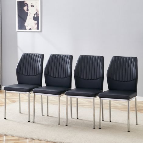 Set di 4 sedie da pranzo in ecopelle e metallo con schienale imbottito, stile moderno, nero e argento (1/5)